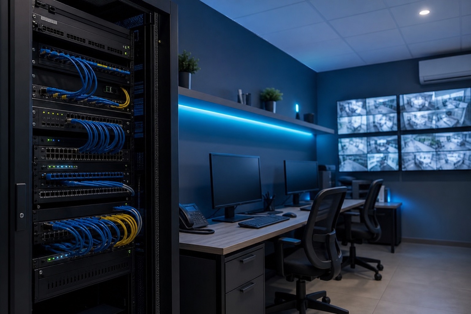 Oficina con infraestructura de red, monitores y operación